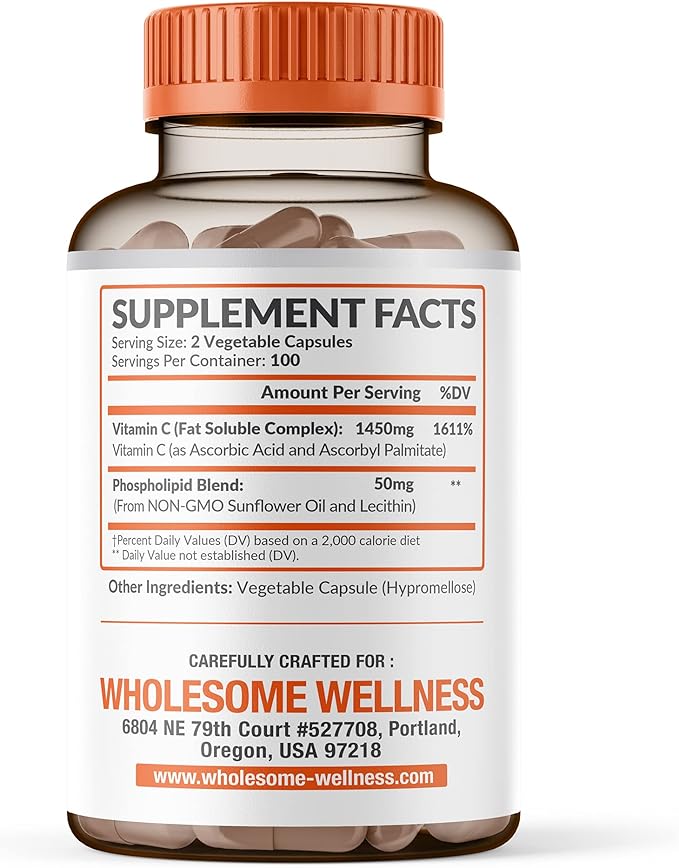 Wholesome Wellness Liposomal Vitamin C Capsules (200 Pills 1500mg Buffered) High Absorption Immune System &amp Collagen Booster High Dose Fat Soluble Immunity Support Ascorbic Acid Natural Vegan