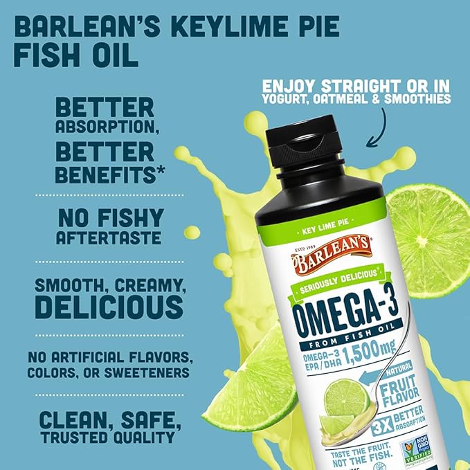 Barlean's Omega 3 Fish Oil Liquid Supplement for Men and Women 1500mg of EPA and DHA Fatty Acid Promotes Brain &amp Heart Health - Non-GMO Key Lime Pie 16 oz