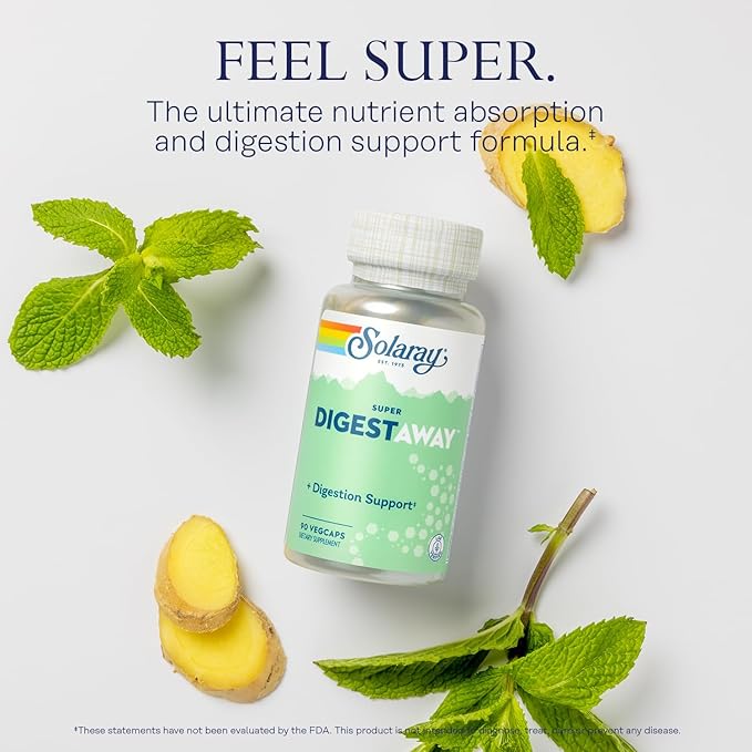 SOLARAY Super Digestaway Digestive Enzymes - Pancreatin Papain Ginger Pepsin Betaine HCl Aloe Vera and More - Digestion &amp Nutrient Absorption Support - Lab Verified - 90 VegCaps