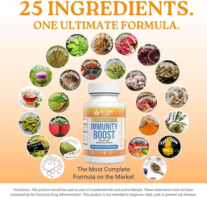Activa+ Labs Immunity Boost Immune Support Supplement with Vitamin C Vitamin E Selenium &amp Herbal Antioxidant Complex | Gut &amp Energy Balance | Non-GMO Sugar-Free Vegan | 60 Capsules 30 Days