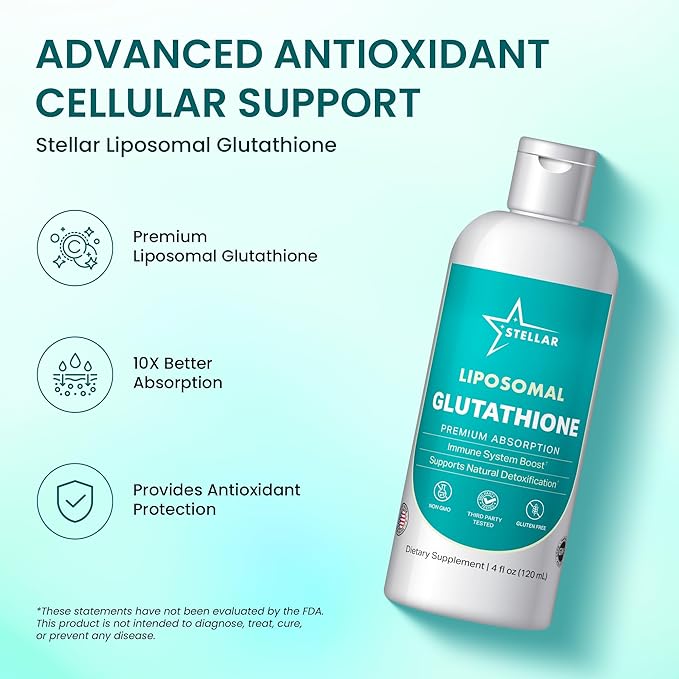 Stellar Liposomal Glutathione Liquid – Premium Absorption Antioxidant for Detox Immune Support &amp Cellular Health – Non-GMO Gluten-Free Third-Party Tested – 4 fl oz (120 mL)