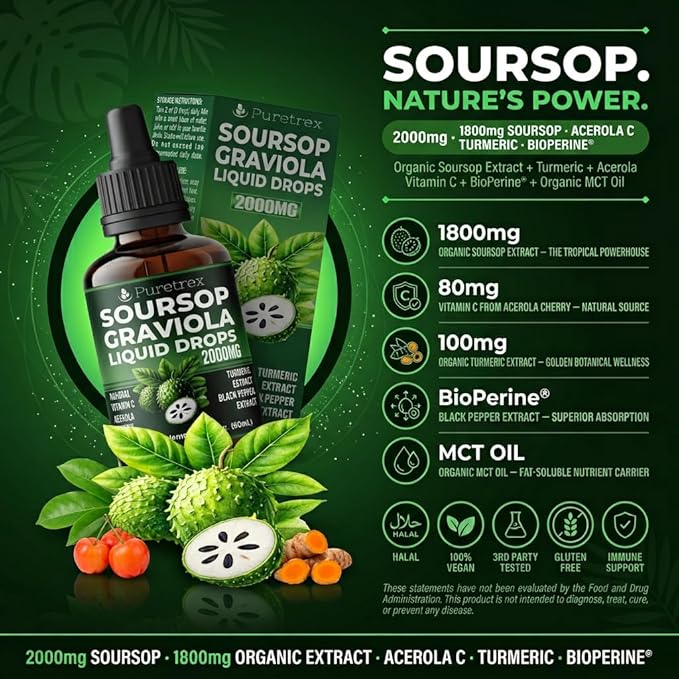 Soursop Graviola Liquid Drops 2000mg with Acerola Cherry Turmeric Extract and Black Pepper Extract 60mL (2 fl oz)
