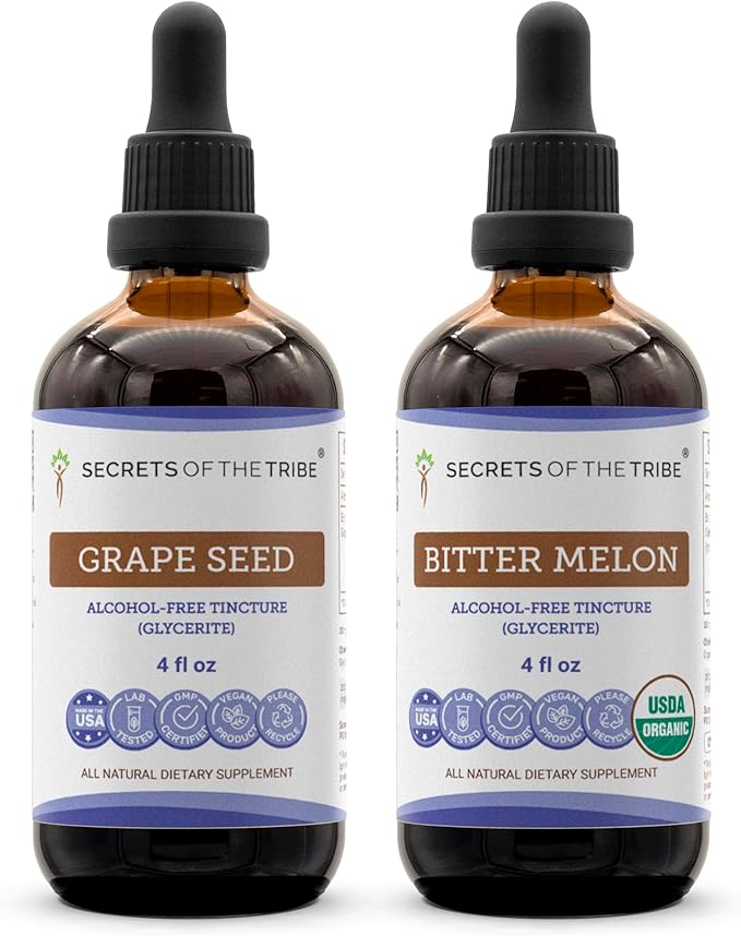Secrets of the Tribe Grape Seed and Bitter Melon Liquid Extract (2 pcs.) | Alcohol-Free Tinctures | Grape (Vitis vinifera) Dried Seed and Bitter Melon (Momordica charantia) Dried Fruit (2x4 fl oz)