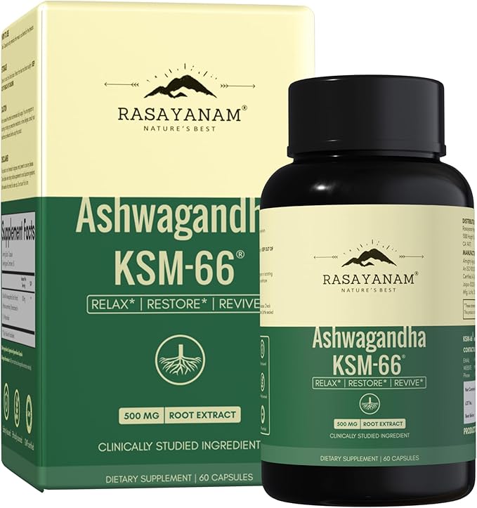 Rasayanam Ashwagandha KSM-66® | 5% Withanolides for Max Results |100% Pure Root Extract | Energy &amp Recovery Support | World’s Strongest Ashwagandha | 60 Capsules