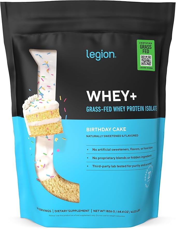 LEGION Whey+ Protein Whey Isolate from Grass Fed Cows (Birthday Cake 60 Servings) - Whey Protein Isolate Powder Low Calorie Non-GMO Sugar Free Lactose and Gluten Free All Natural Protein Powder
