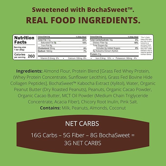 BochaSweet Keto Protein Bar Chocolate Peanut Butter BochaBar 21g Grass Fed Collagen Low Carb Keto-Friendly Gluten Free 4 Count