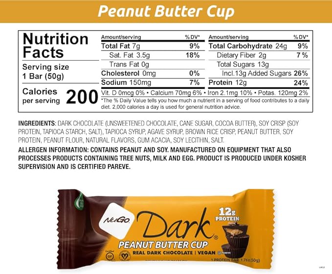 NuGo Dark Chocolate Peanut Butter Cup 12g Protein Bar Vegan Gluten Free Non-GMO Kosher Pareve 12 Count