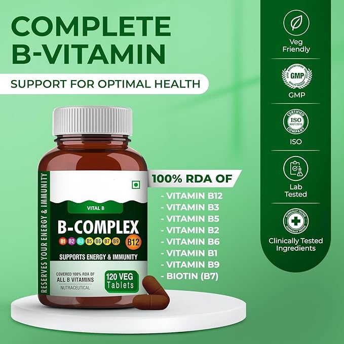 Vitamin B Complex Tablets- 120 Veg Tablets 100% RDA of Vitamin B1 B2 B3 B5 B6 B7 B9 &amp B12 Vitamin B Complex Supplements for Women &amp Men (4 Months Supply Pack)