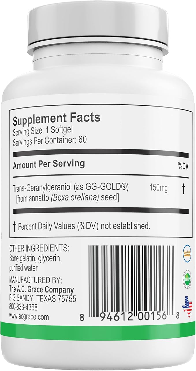 UNIQUE E A.C. Grace Company GG-Gold - 150mg Geranylgeraniol Supplement - Premium Annatto-Derived GG for Statin Users Cellular Energy Muscle &amp Bone Health - 60 Softgels