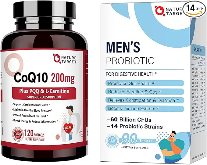 NATURE TARGET Probiotics for Men 60 Billion CFUs14 Strains &amp CoQ10-200mg with PQQ L-Carnitine &amp Omega-3s