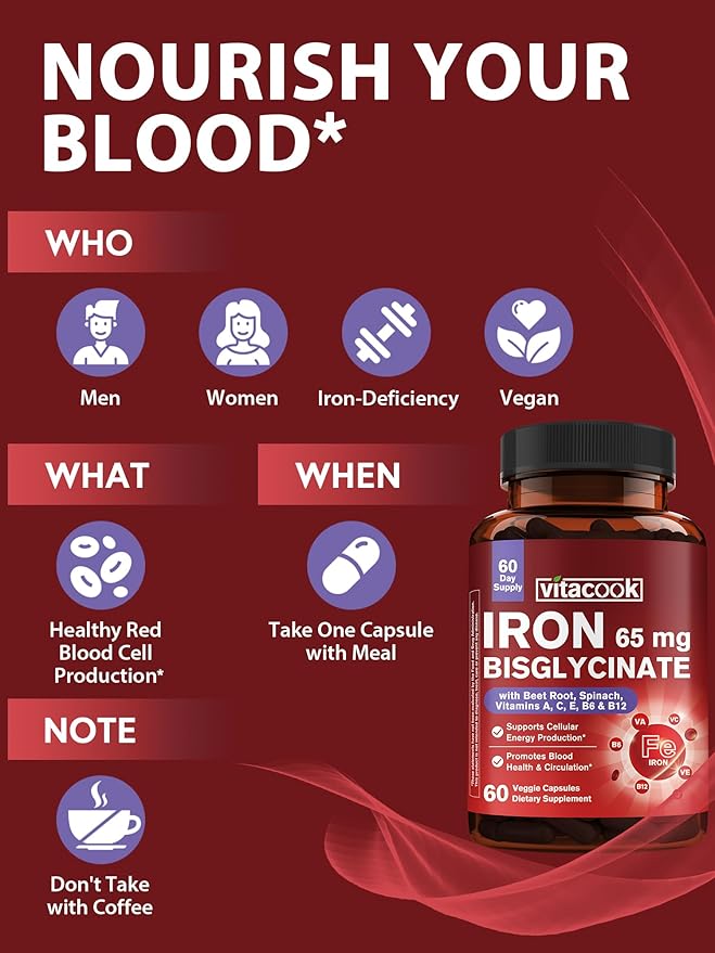 Iron Supplement for Women Men High Potency Iron 65mg with Vitamin C &amp 9-in-1 65mg Ferrous Bisglycinate Chelate with Vitamin A C E B6 B12 Folate