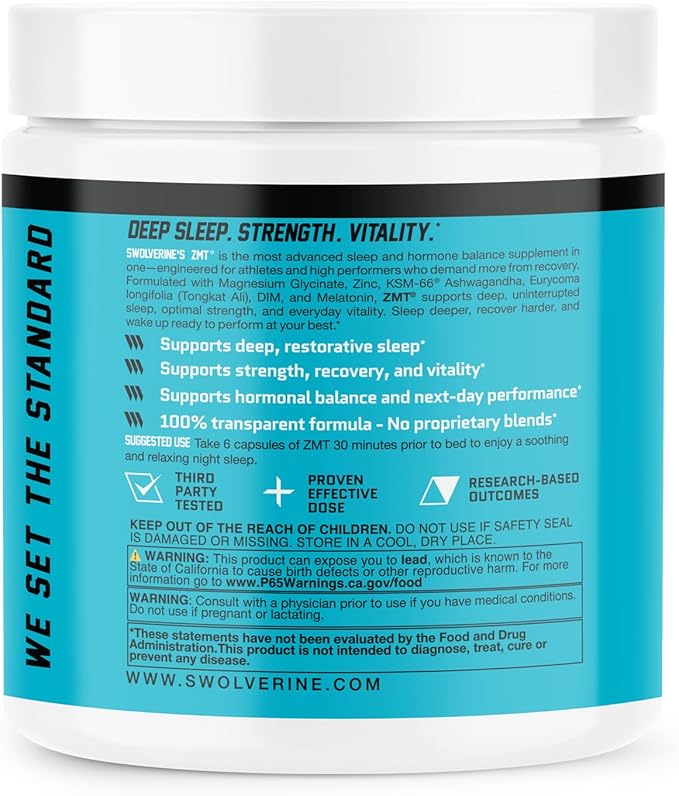 Swolverine ZMT | Advanced Sleep Supplement with Zinc Magnesium Glyciante GABA Theanine Valerian Root Tryptophan (30 Servings)
