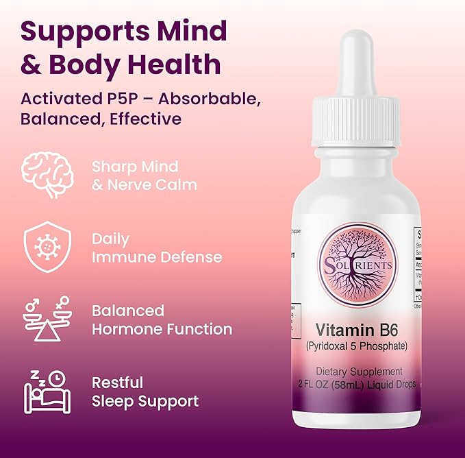 P5P Vitamin B6 Liquid Drops (Pyridoxal 5 Phosphate) – Active Form B6 Supplement – 60 Servings (2 Month Supply) – 2 Fl Oz (58mL) – Solrients