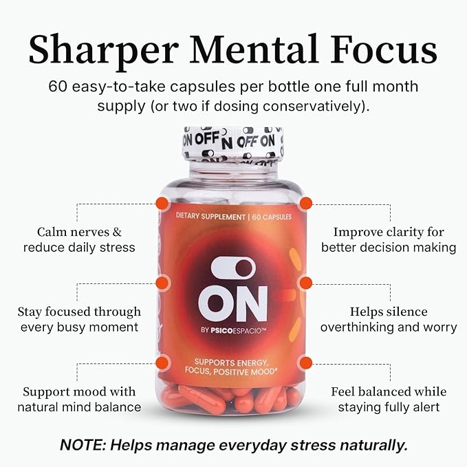 ON by Psicóespacio Dietary Nutritional Supplement All day Energy Pills for Adults Natural Energy Supplement Supports Energy Focus and Positive Mood (60 count Pack of 1)