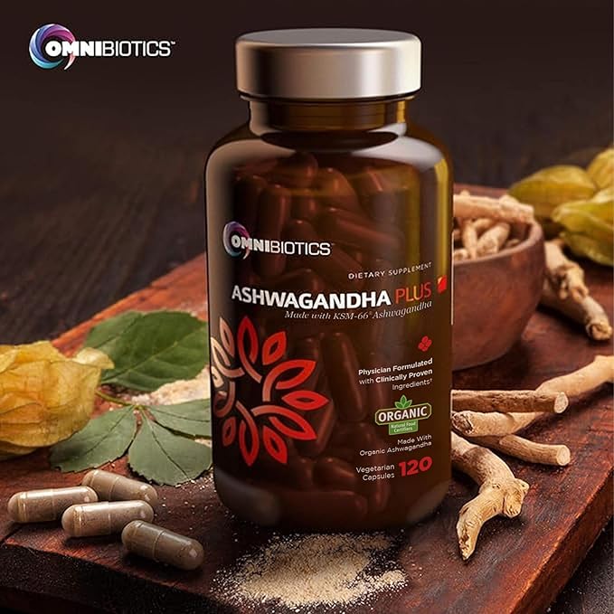 OmniBiotics Organic Ashwagandha Supplement – 1300mg Total Strength – 900mg Organic Root Powder &amp 400mg KSM-66 Extract – Stress Relief Mood &amp Sleep Support – Non-GMO – 120 Vegan Capsules