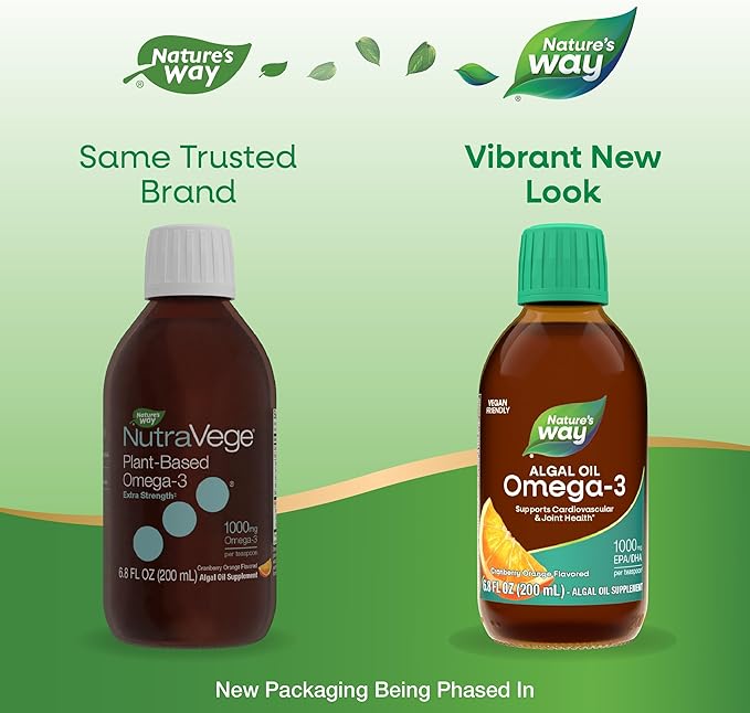 Nature's Way Algal Oil Omega-3 Supports Eye &amp Brain Function* 1000 mg EPA/DHA per Teaspoon(1) Vegan-Friendly Liquid Formula Cranberry-Orange Flavored 6.8 oz (Packaging May Vary)