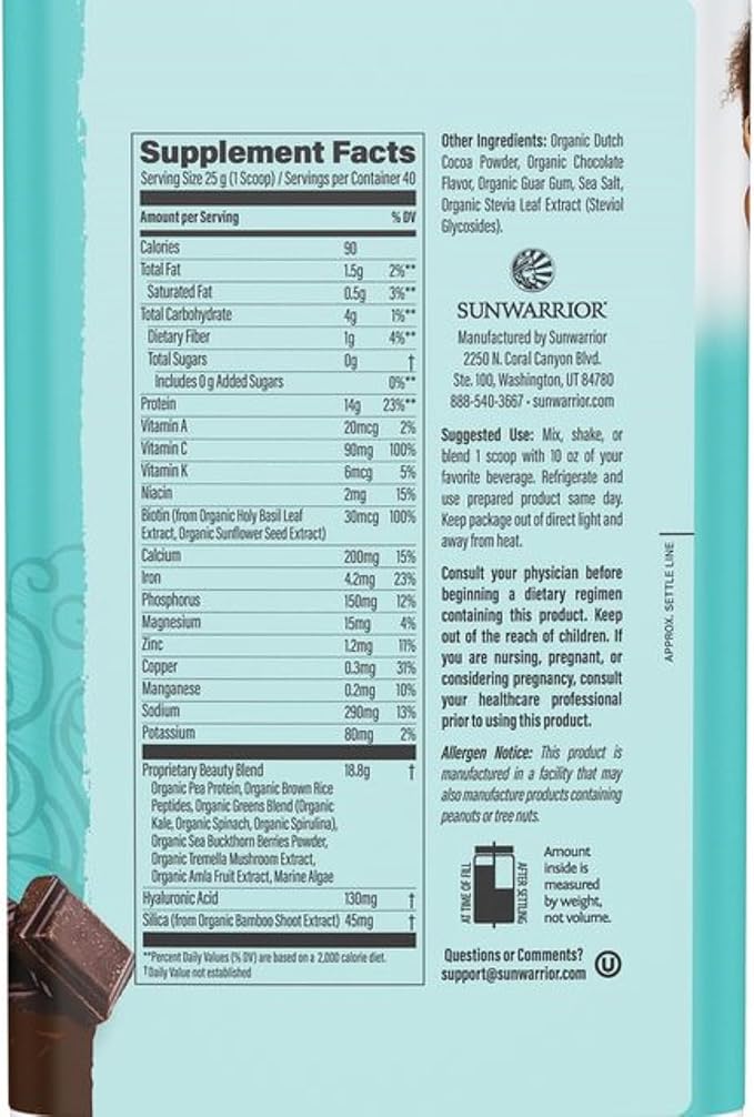 Sunwarrior Plant-Based Collagen Building Powder | 40 Servings Chocolate Flavored &amp Vegan Protein Powder | USDA Organic 30 Servings Chocolate Flavored
