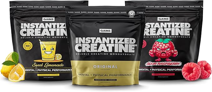 Gains in Bulk Intantized Creatine Bundle Soluble Pre Workout Powder Supports Muscle Building Strength and Performance Unflavored Raspberry and Sweet Lemonade 90 Servings