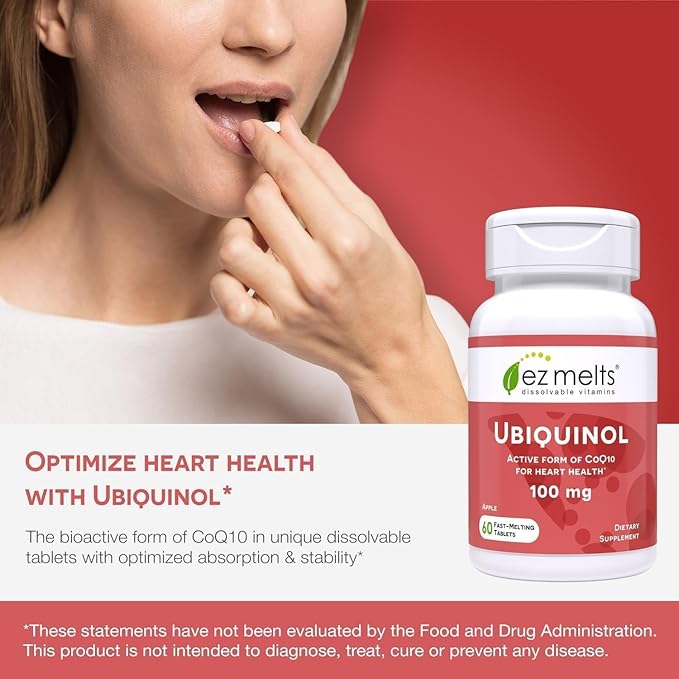 EZ Melts Ubiquinol 100 mg - CoQ10 Supplement for Heart Health &amp Energy Support - Antioxidant Protection - No Artificial Flavors - Non-GMO &amp Vegan - Apple - 120 Dissolvable Tablets (120 Serving