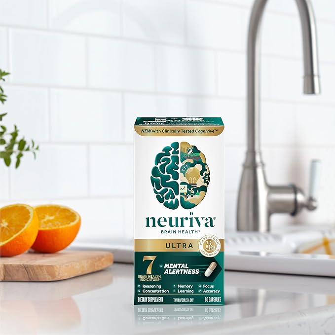 NEURIVA Ultra Decaffeinated Clinically Tested Nootropic Brain Supplement for Mental Alertness Memory Focus &amp Concentration Cognivive Neurofactor Phosphatidylserine Vitamins B6 B12 60 Capsul
