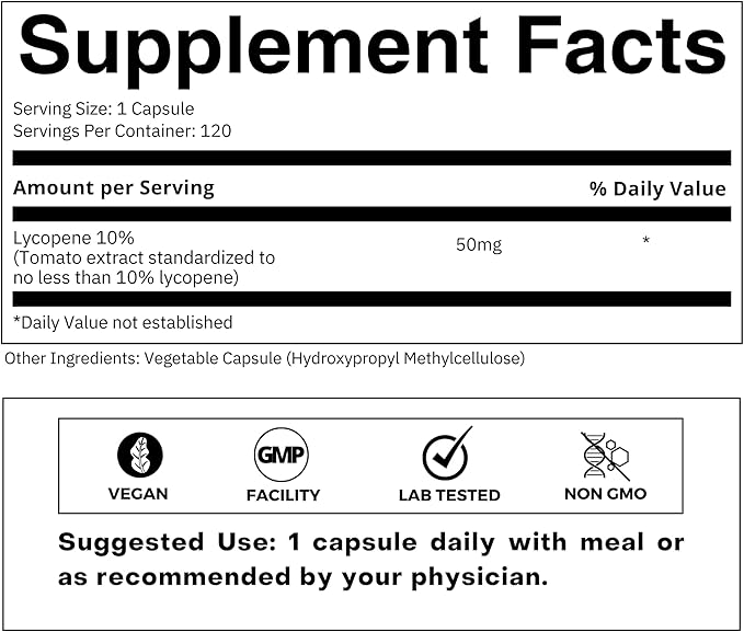 Lycopene 50mg Natural Carotenoid Antioxidant Supplement from Tomatoes Standardized Extract for Heart Prostate &amp Skin Health – Non-GMO 120 Veg Capsules