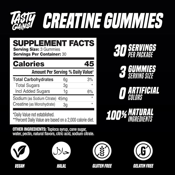 TASTY GAINS Creatine Gummies - 90g of Creatine Monohydrate - Workout Supplements - Build Muscle &amp Boost Strength for Men &amp Women - Made in USA - Non GMO - Vegan Friendly (Large Pineapple Mang