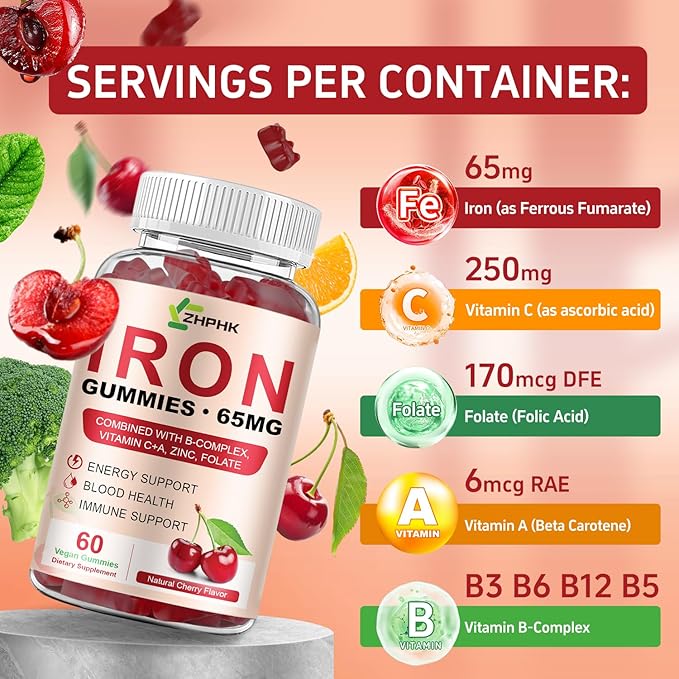 Iron Supplement for Women Men &amp Kids Iron 65mg &amp Vitamin C 250mg per Serving with B6 B12 Folate- Energy Support for Iron Deficiency Anemia Vegan Gummy Cherry Flavor 60 Count