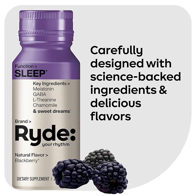 Ryde: SLEEP | 2oz Sleep Shot for Occasional Use | Melatonin GABA L-Theanine &amp Chamomile | Blackberry Natural Flavor | Sugar-Free Zero Calories Vegan | Manufactured in USA (8 Pack)