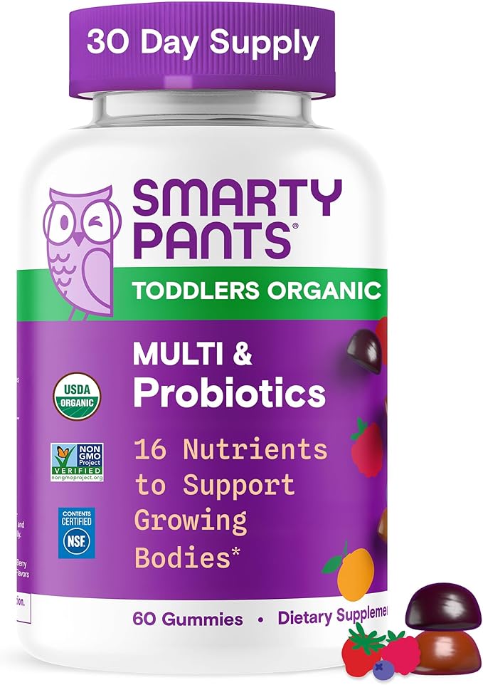 SmartyPants Organic Toddler Multivitamin Gummies: Probiotics Omega 3 (ALA) Vitamin D3 C Vitamin B12 B6 A K &amp Zinc Beta Carotene Gluten Free Three Fruit Flavors 60 Count (30 Day Supply)