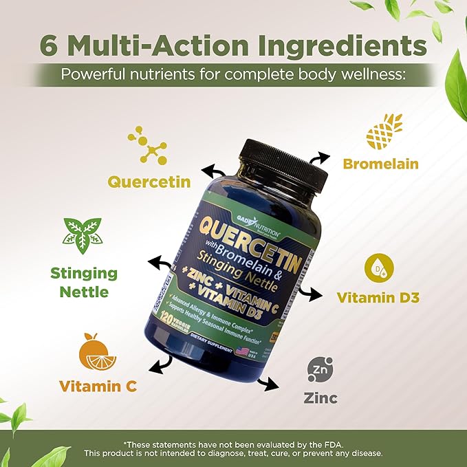 Quercetin with Vitamin C and Zinc - Nettle Quercetin - Quercetin 500mg - Quercetin with Bromelain - Zinc Quercetin + Vitamin D3 - 120 Veggie Caps - (Non-GMO Gluten-Free Vegan) - 4 Month Supply