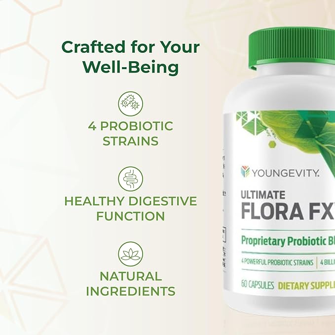 Youngevity Ultimate Flora FX™ – Prebiotic and Probiotic Supplement – Supports Digestive Health and Gut Microbiome – 4 Billion CFU – Glucono Delta Lactone – 60 Vegetarian Capsules