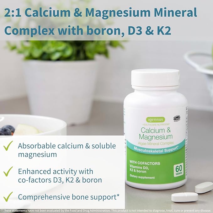 Igennus Algae Calcium &amp Magnesium Supplement Plant Based High Absorption K2 &amp D3 Non-GMO Red Algae Mineral Complex for Bone &amp Teeth Support for Women and Men with Boron Vegan 6 x 6
