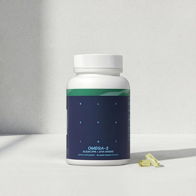 Blueprint Bryan Johnson Omega-3 - Vegan Algae Omega 3 Supplement with EPA/DHA - 800mg Plant-Based for Brain Heart &amp Joint Support - High Absorption Triglyceride Form - 1:1 EPA/DHA