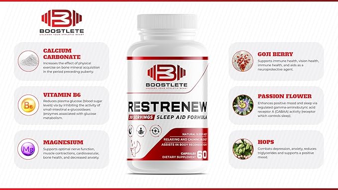 RestRenew Natural Sleep Aid - Supports Deep Sleep Relaxation Stress Relief and Mood Balance | Melatonin Chamomile L-Theanine &amp More | Non-Habit Forming Non-GMO | 60 Capsules