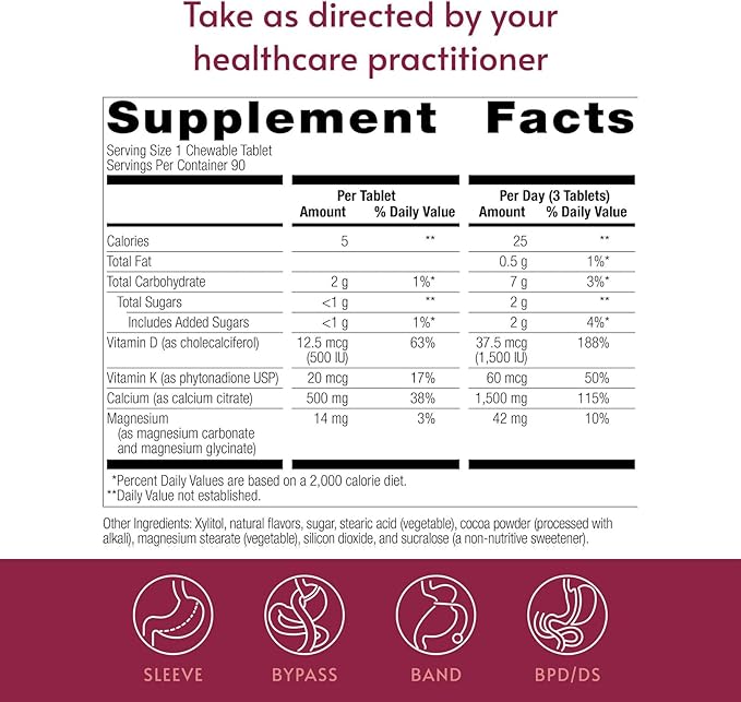Bariatric Advantage Calcium Citrate Chewable 500 mg - for Bariatric Surgery Patients - High-Potency Easy-Digest Tablets - Calcium Citrate - Bone Strength Supplements* - Chocolate - 90 Count
