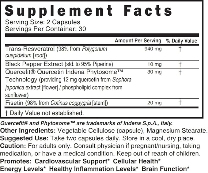 Nutri Resveratrol Supplement 1000mg (Ultra High Purity Trans-Resveratrol) - 15x More Bioavailable with Liposomal Quercetin and Fisetin - Antioxidant Longevity Organic Piperine - 60 Vegan Capsules