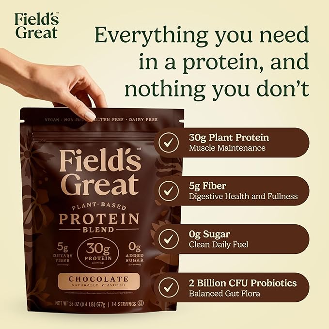 Field's Great Plant-Based Protein with Fiber for Muscle Maintenance Vegan Protein Powder Whey Free Gluten Free Dairy Free - 30g of Protein and 5g Fiber in Each Serving - 4 Servings (Variety)