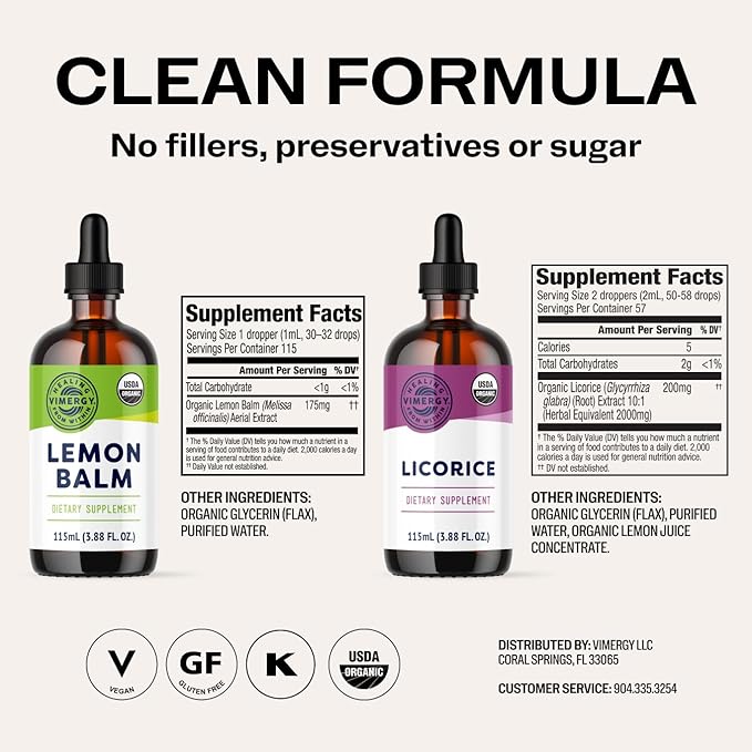 Vimergy GLP-1 Digestive Kit* – Lemon Balm (115ml) + Licorice (115ml) – Digestive + Stress Support – Organic Vegan Kosher – Fast-Absorbing Liquid Extracts – Herbal Tea Companion for GLP-1 Users