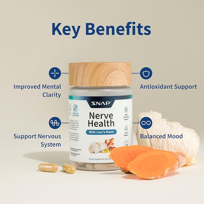 Snap Supplements Nerve Health Support with Lion’s Mane Organic Turmeric &amp Herbs – Supports Mental Clarity Memory Focus &amp Nerve Function – 60 Capsules