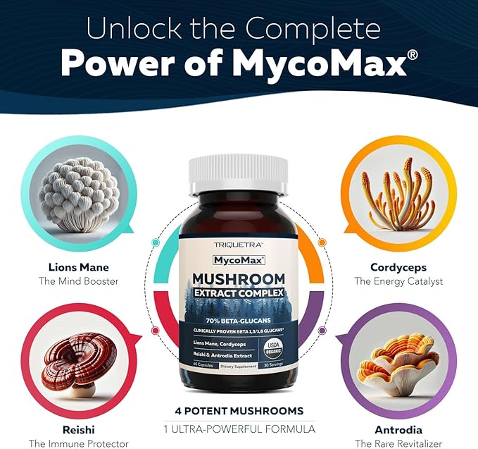 MycoMax Mushroom Complex - 70% Beta Glucans Max Potency Mushroom Supplement US Grown + Ultrasonic Extraction - Lions Mane Cordyceps Reishi &amp More - Cognition Immunity Energy - 60 capsules