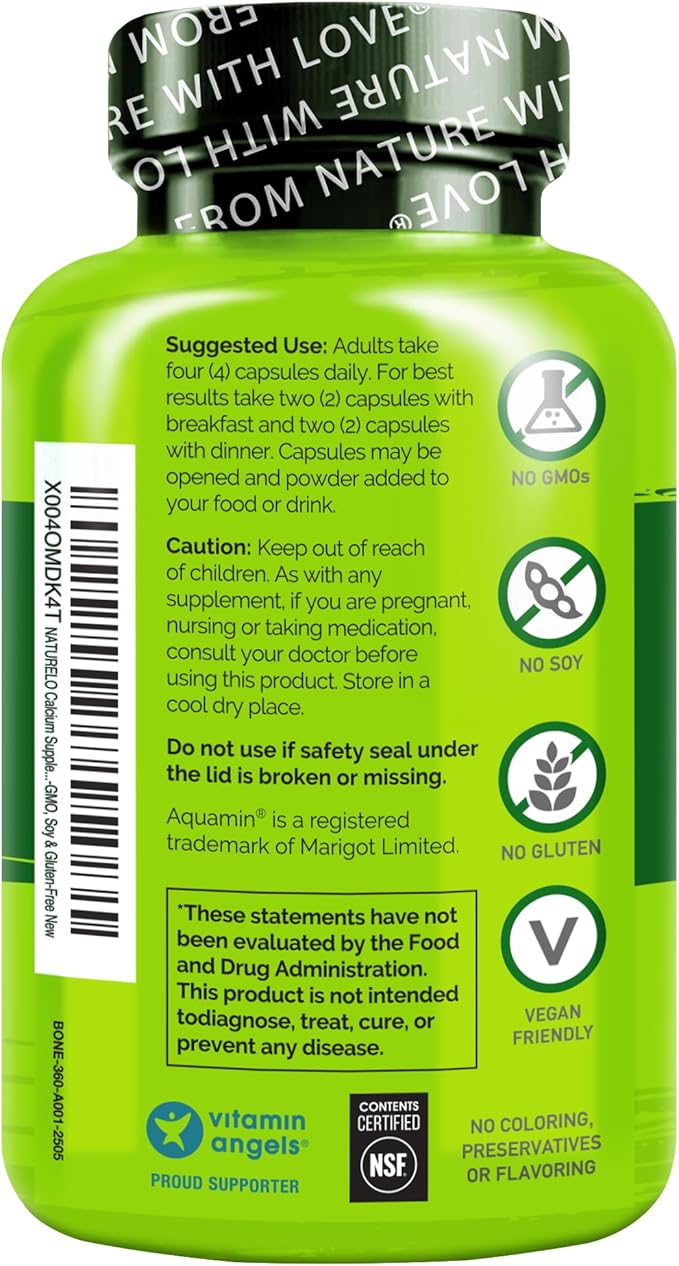 NATURELO Calcium Supplement - with Vitamin C Vitamin D3 K2 and Calcium Magnesium Zinc for Bone Strength with Calcium 600mg - Plant-Based 360 Vegetarian Capsules Non-GMO Soy &amp Gluten-Free