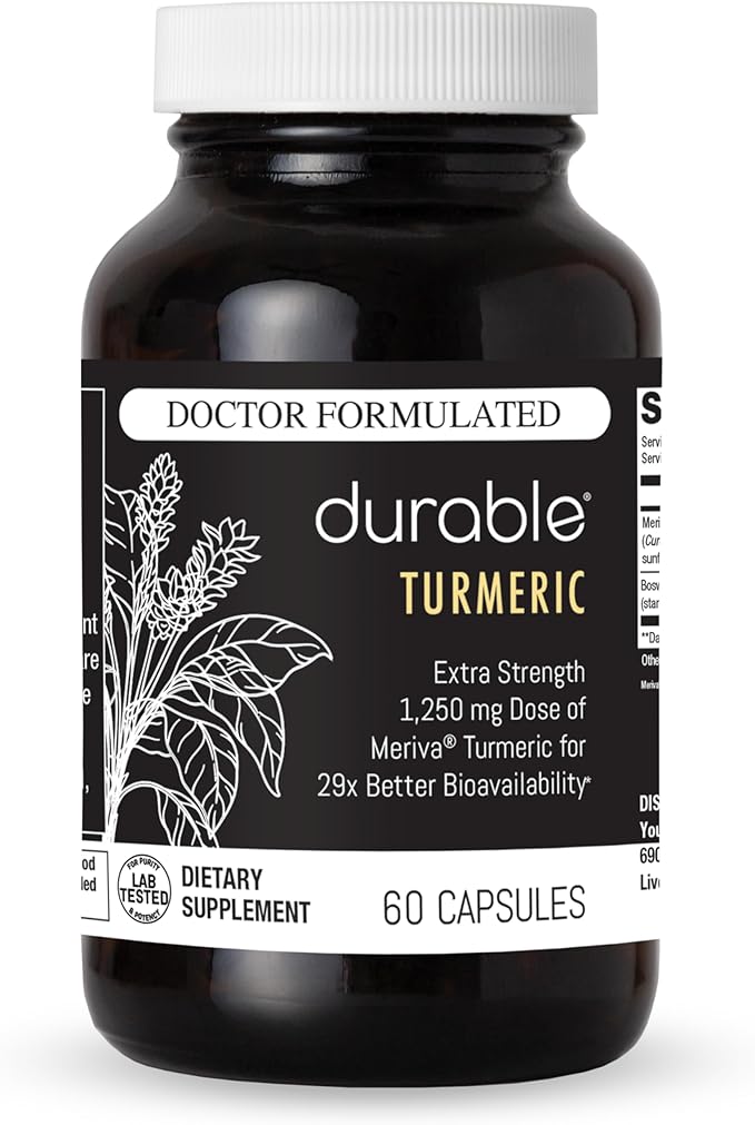 Durable Turmeric - 1250 mg Meriva Curcumin 29X More Absorption + Boswellia – Joint Comfort Mobility &amp Healthy Inflammation – Doctor Formulated Vegan Non-GMO Made in USA (60 Capsules)