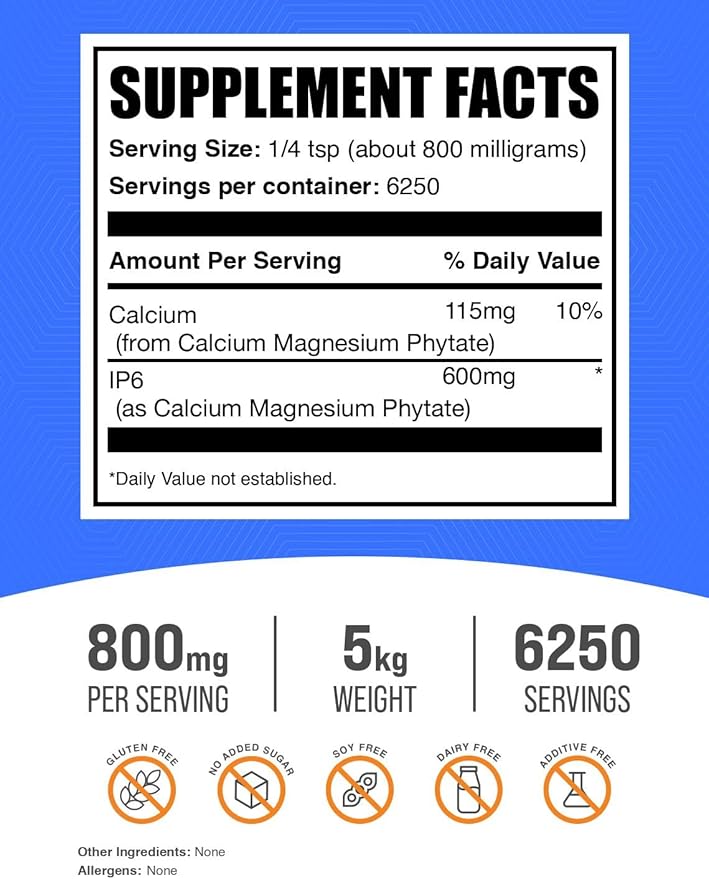 BulkSupplements.com IP6 Powder - Inositol Hexaphosphate IP6 Supplement - Inositol Supplement for Immune Support Gluten Free 800mg per Serving 5kg (11 lbs) (Pack of 5)