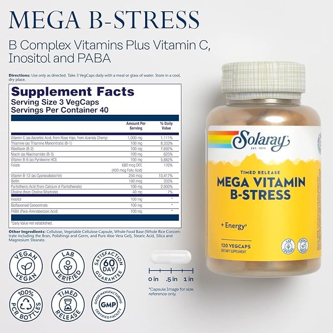 SOLARAY Mega Vitamin B-Stress Timed-Release Vitamin B Complex with 1000 mg of Vitamin C for Stress Energy Red Blood Cell &amp Immune Support 60 Day Guarantee Vegan 40 Servings 120 VegCaps