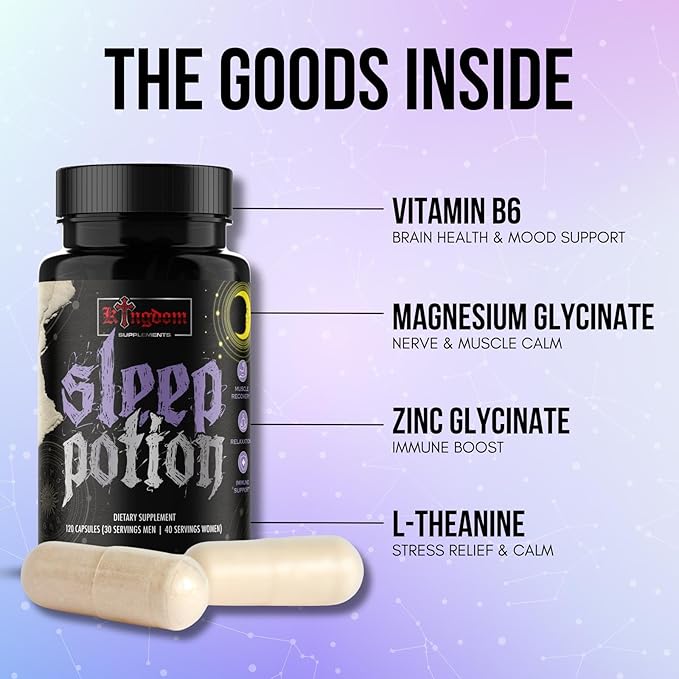 Sleep Potion Melatonin-Free Sleep Support Capsules 120 Count Magnesium Glycinate L-Theanine Zinc Glycinate Chamomile Jujube Seed Lemon Balm 30 to 40 Servings Gluten Free