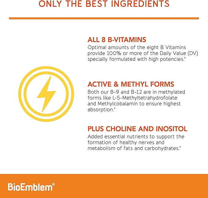 BioEmblem B Complex Vitamins | Complete B-Vitamin Formula with Active Methylated Forms | Supports Energy Mental Clarity &amp Immune Health | Non-GMO Vegan Soy-Free Gluten-Free |270 Capsules