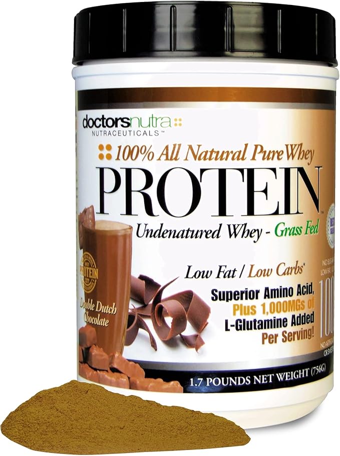 Pure 100 Percent - Undenatured Grass Fed Whey Protein Low Carb Low Fat Double Dutch Chocolate Flavor Natural Ultrafiltered Plus 1000 Milligrams L-Glutamine