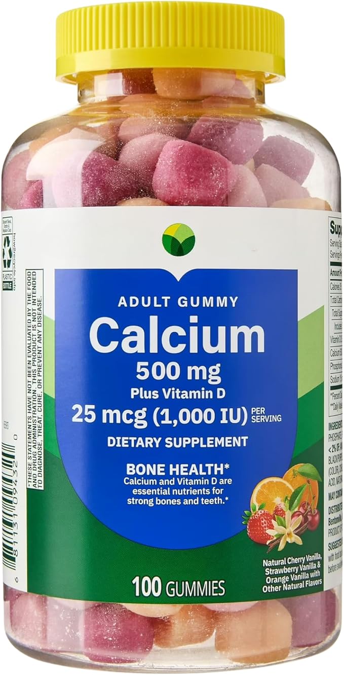KP+ Calcium Gummies 500 mg with Vitamin D 25 mcg (1000 IU) | 100 Gummies | Natural Fruit Flavors | Pack of 2