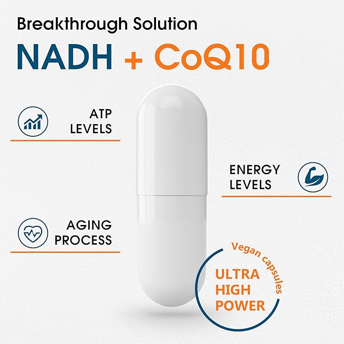 NADH 50mg + CoQ10 200mg + D-Ribose 150mg Supplement Enhance NAD+ Supplement for Energy Fatigue Reduced Nicotinamide Adenine Dinucleotide 120 Veggie Capsules