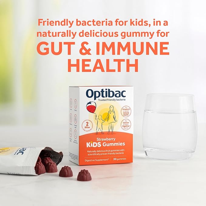 Optibac Kids Probiotics Gummies | 30 Strawberry-Flavored Probiotic Gummies for Kids with Vitamin D &amp Calcium | 2 Billion Live Cultures | Vegan Children’s Supplement for Digestive &amp Immune Heal